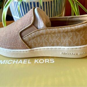 Michael Kors Women’s Shoes Keaton Two-Tone Logo Glitter Chain-Mesh Slip-On